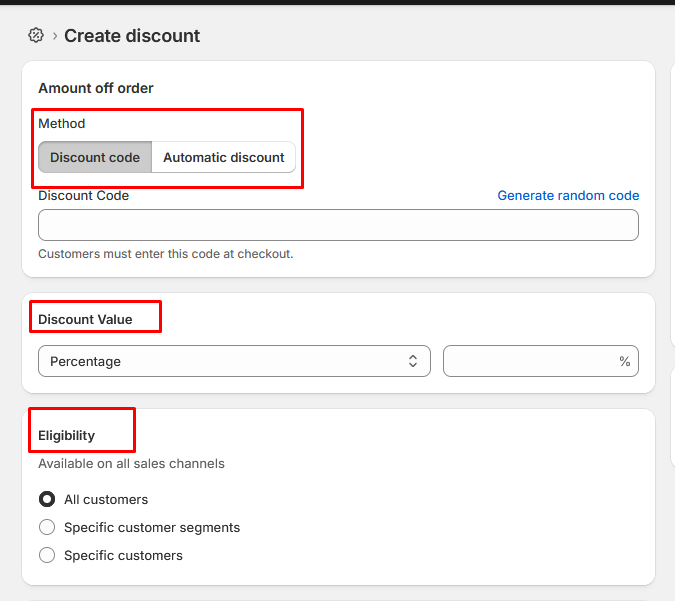 discount setup in Shopify admin - amount off order discount